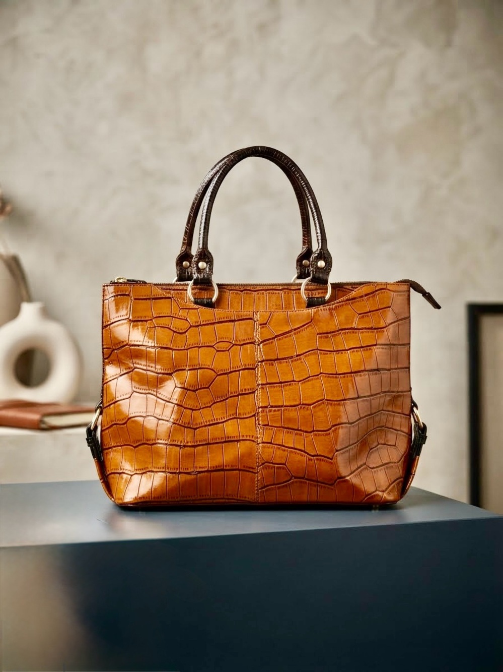 GILI QVC Cognac Croc Embossed Satchel Handbag Tote A211441 Large